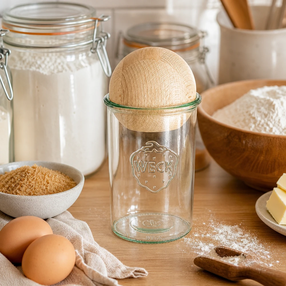 Bicchieri WECK RR100 da 1000 ml con sfera in legno di faggio WECK 1000ml RR100 vaso in muratura con coperchio in faggio in uno scenario di ingredienti da forno con farina, uova e barattoli da conserva