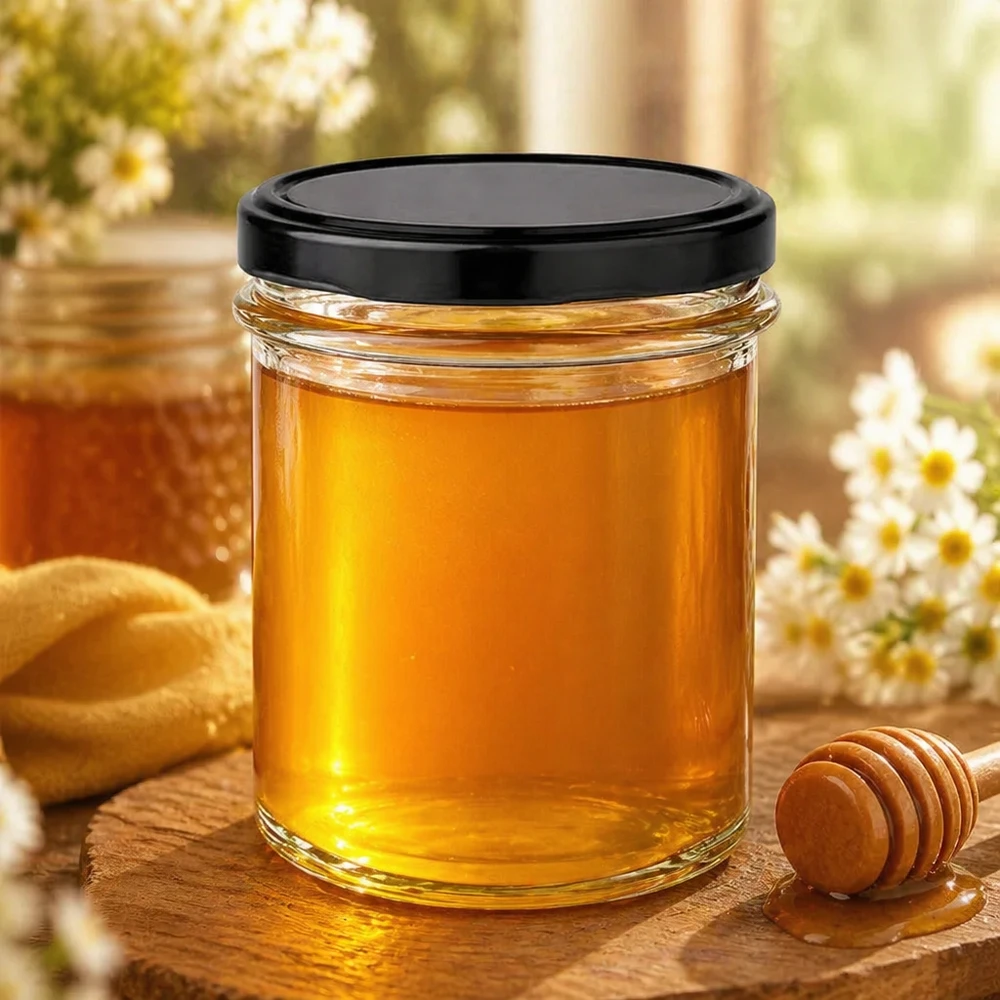 Bicchieri da 230 ml con coperchio BasicSeal nero UNiTWIST. Bicchieri da 230 ml con coperchio nero riempiti di miele dorato accanto a cucchiaio da miele su tavola di legno con decorazione naturale