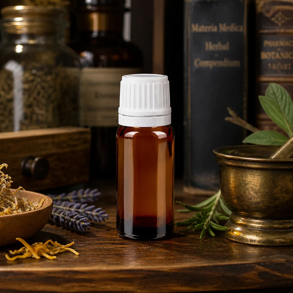 Fiaschetta in vetro ambrato da 10 ml con tappo OV bianco, raffigurante erbe botaniche e un mortaio