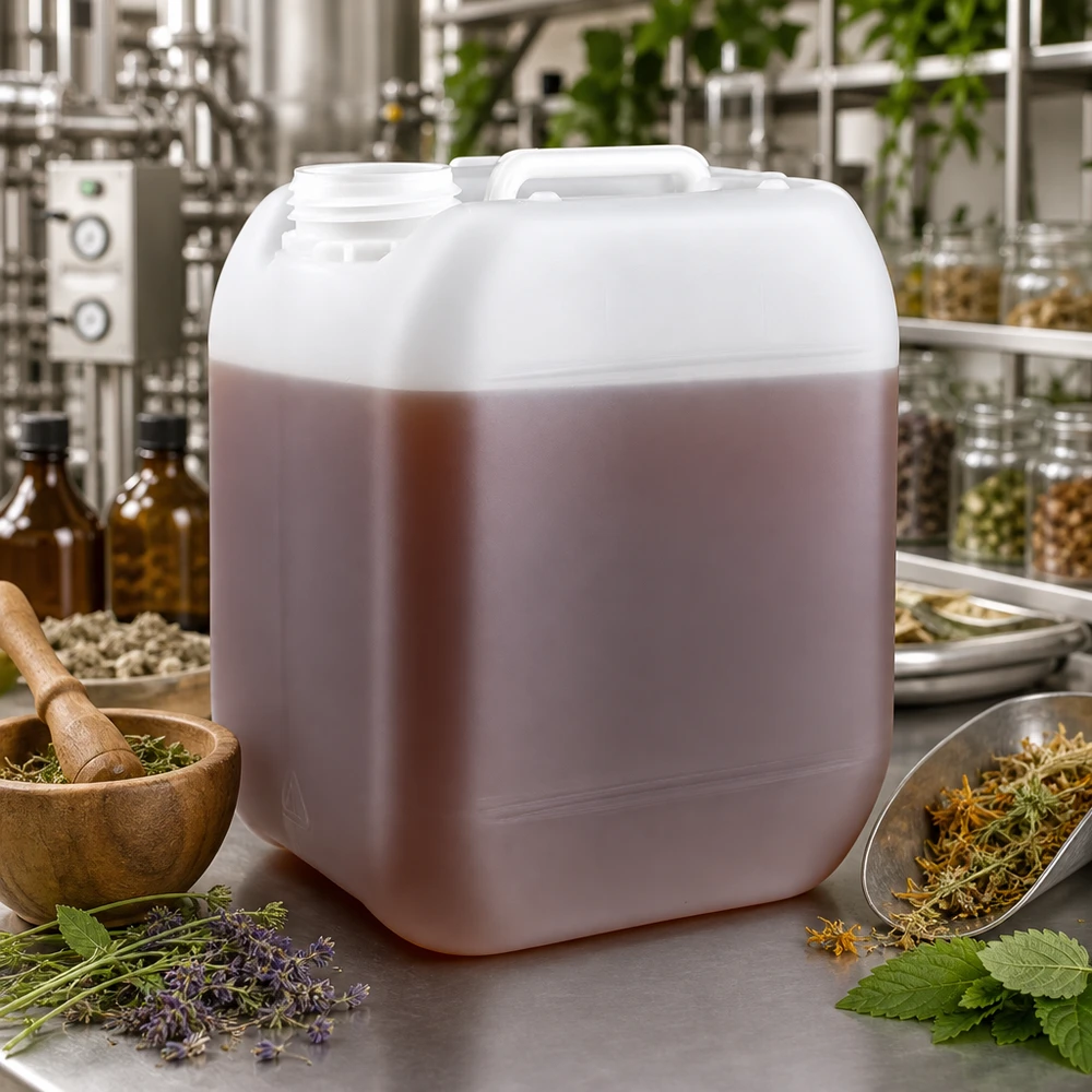 Tanica da 5 litri senza tappo contenente un liquido marrone a base di erbe, utilizzata nella produzione di cosmetici naturali