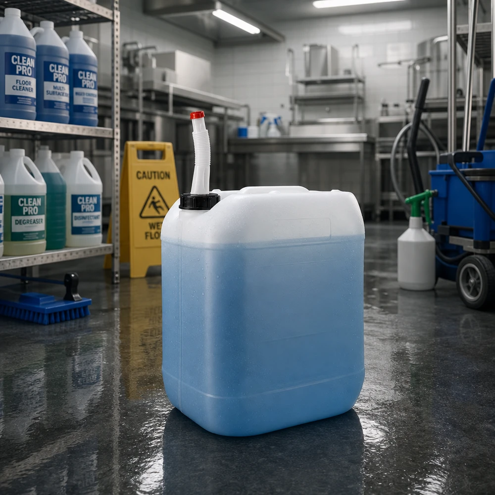 Tanica da 20 litri con tubo di scarico flessibile Tanica blu da 20 litri con beccuccio flessibile in una cucina professionale