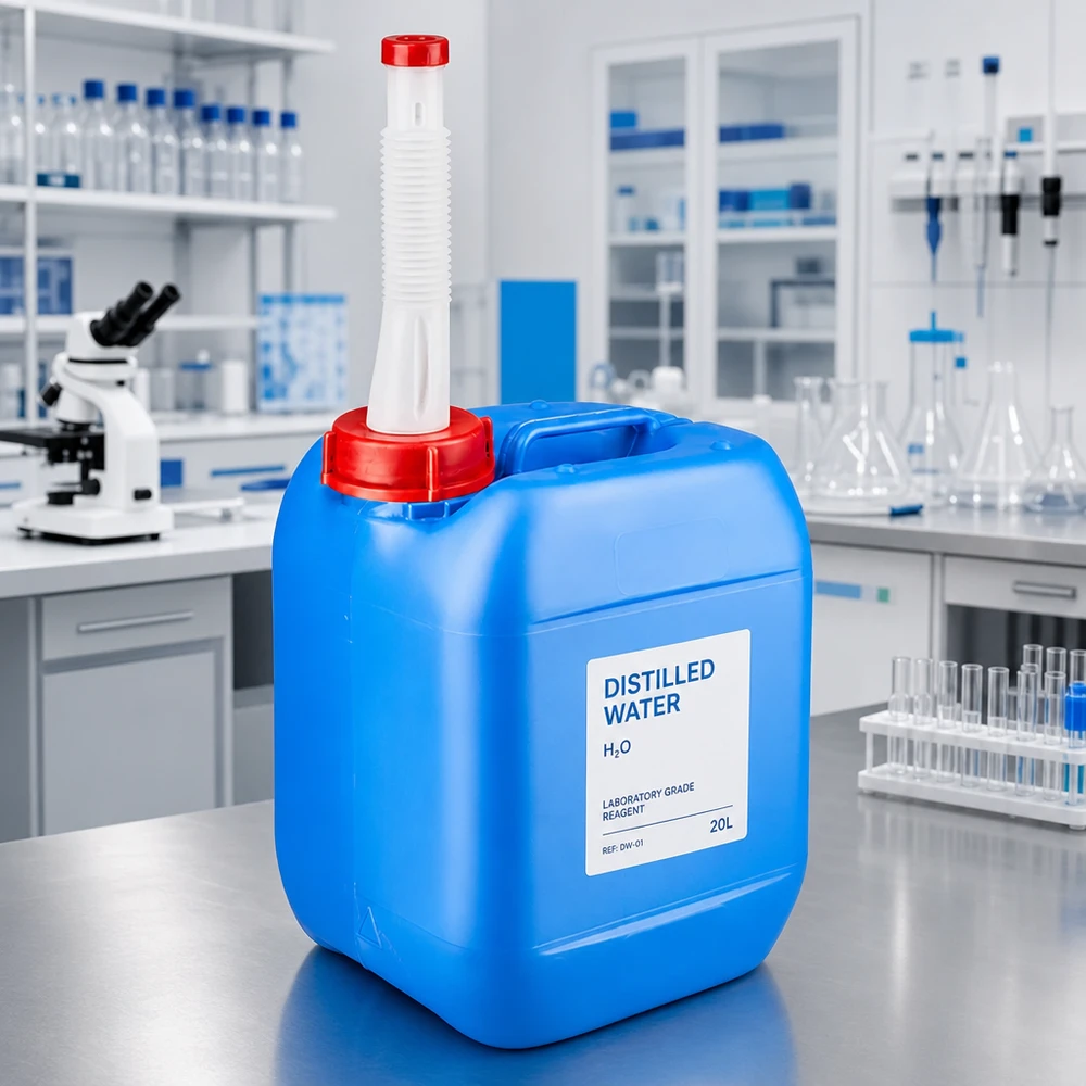 Acqua distillata, tanica da laboratorio da 5 L, blu, con beccuccio flessibile bianco e coperchio rosso