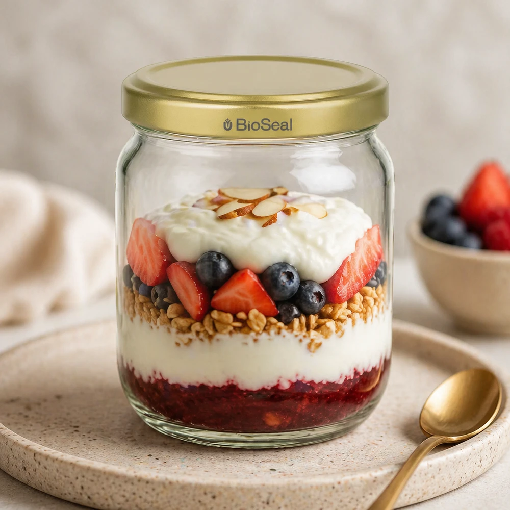 Vasetto per miele da 500 g con capsula dorata BioSeal UNiTWIST Vasetto di miele BioSeal da 500 g come contenitore per la colazione con yogurt, muesli ai frutti di bosco, dessert a strati e cucchiaio d'oro.