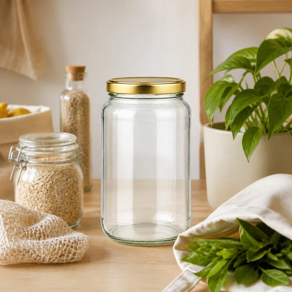 Vaso rotondo da 1700 ml con coperchio BasicSeal oro UNiTWIST 1700ml Rundglas BasicSeal gold in nachhaltiger Zero-Waste Küche mit Vorratsgläsern und frischen Kräutern