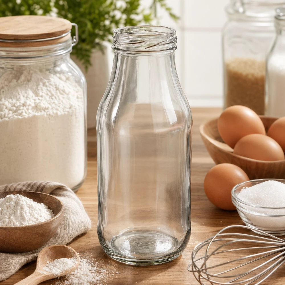 UNiTWIST Bottle263 - Capacità bottiglia 263ml TO43 Bottiglia di vetro UNiTWIST vuota 263ml TO43 su tavolo di legno con ingredienti da forno farina uova e utensili da cucina