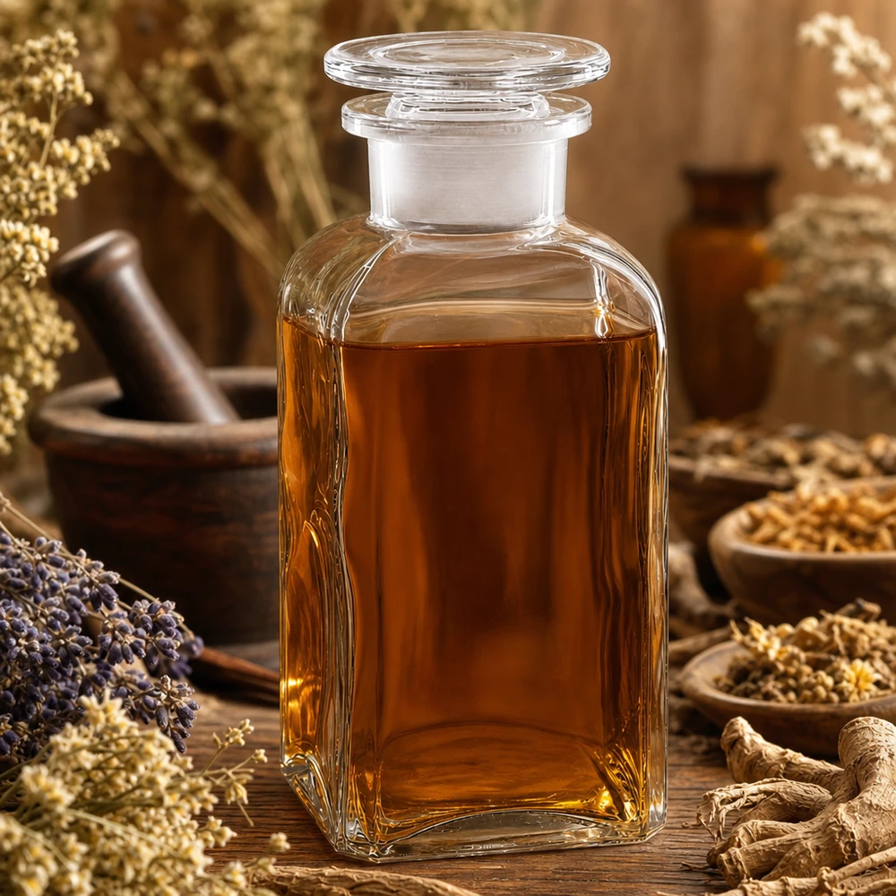 Bottiglia quadrata da 350 ml a collo largo con tappo in vetro, erbe aromatiche e mortaio su un tavolo di legno