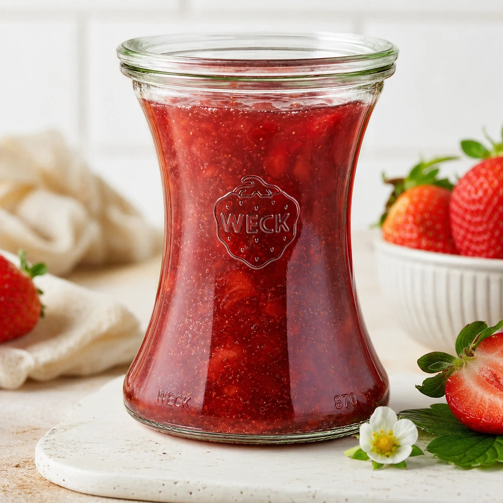 Barattolo da 370 ml con coperchio in vetro WECK RR80 Vasetto WECK da 370 ml RR80 con marmellata di fragole fatta in casa su una tavola di marmo circondata da fragole fresche