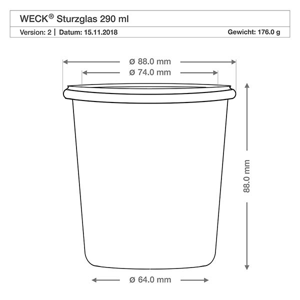 Bicchieri alti da 290 ml WECK RR80 con tappo in sughero naturale WECK tumbler 290ml RR80 disegno tecnico con dimensioni Diametro 88mm Altezza 88mm Peso 176g Specifiche tecniche