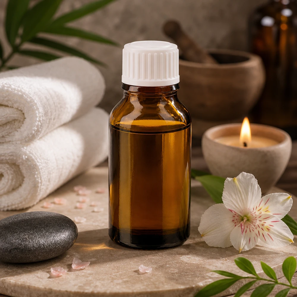 Olio essenziale in flacone da farmacia marrone da 30 ml con tappo bianco su fondo in pietra da spa