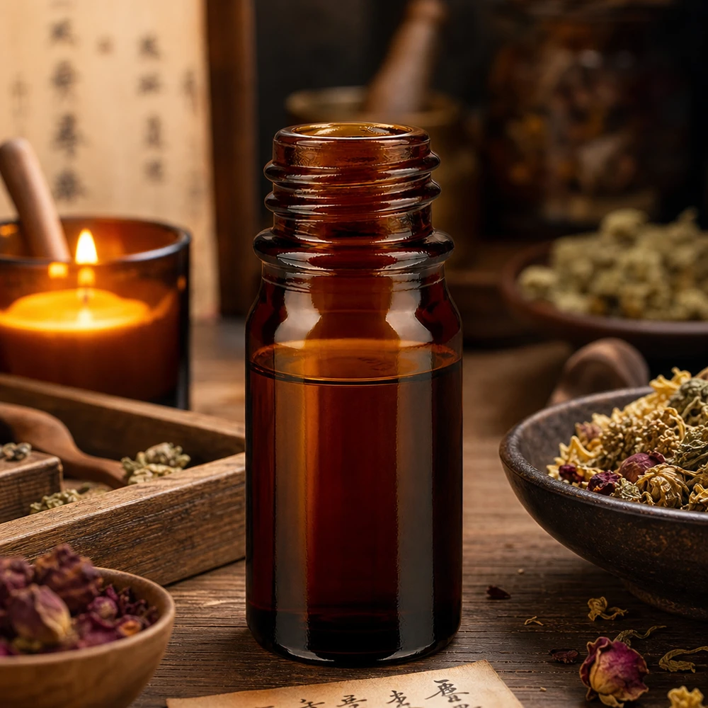 Flacone da 5 ml per farmacia marrone ApoGlas con caratteri di erbe cinesi e caratteristiche della medicina tradizionale