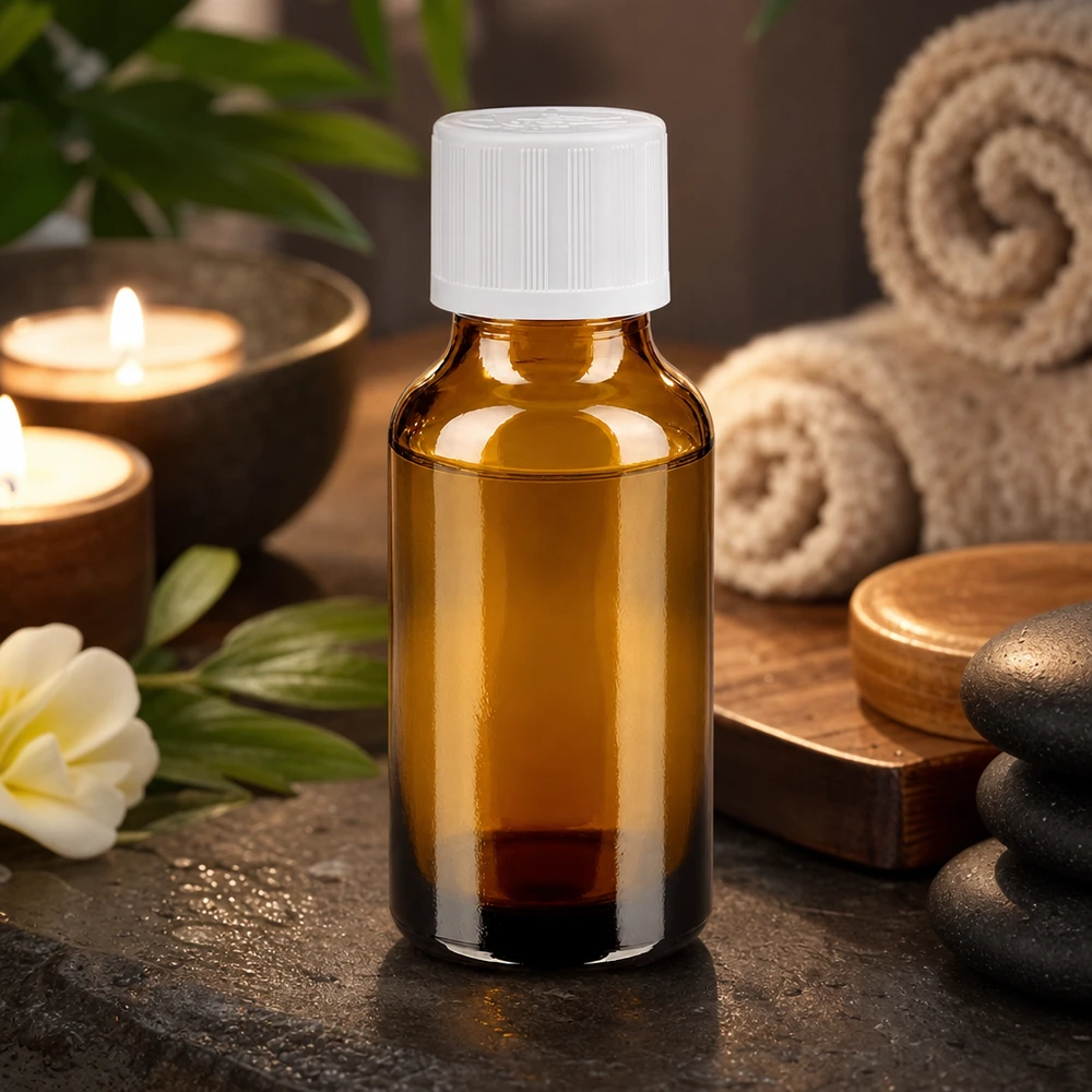 Fiaschetta compatta da 20 ml in vetro ambrato con tappo bianco KiSi, accanto a candele e pietre da massaggio