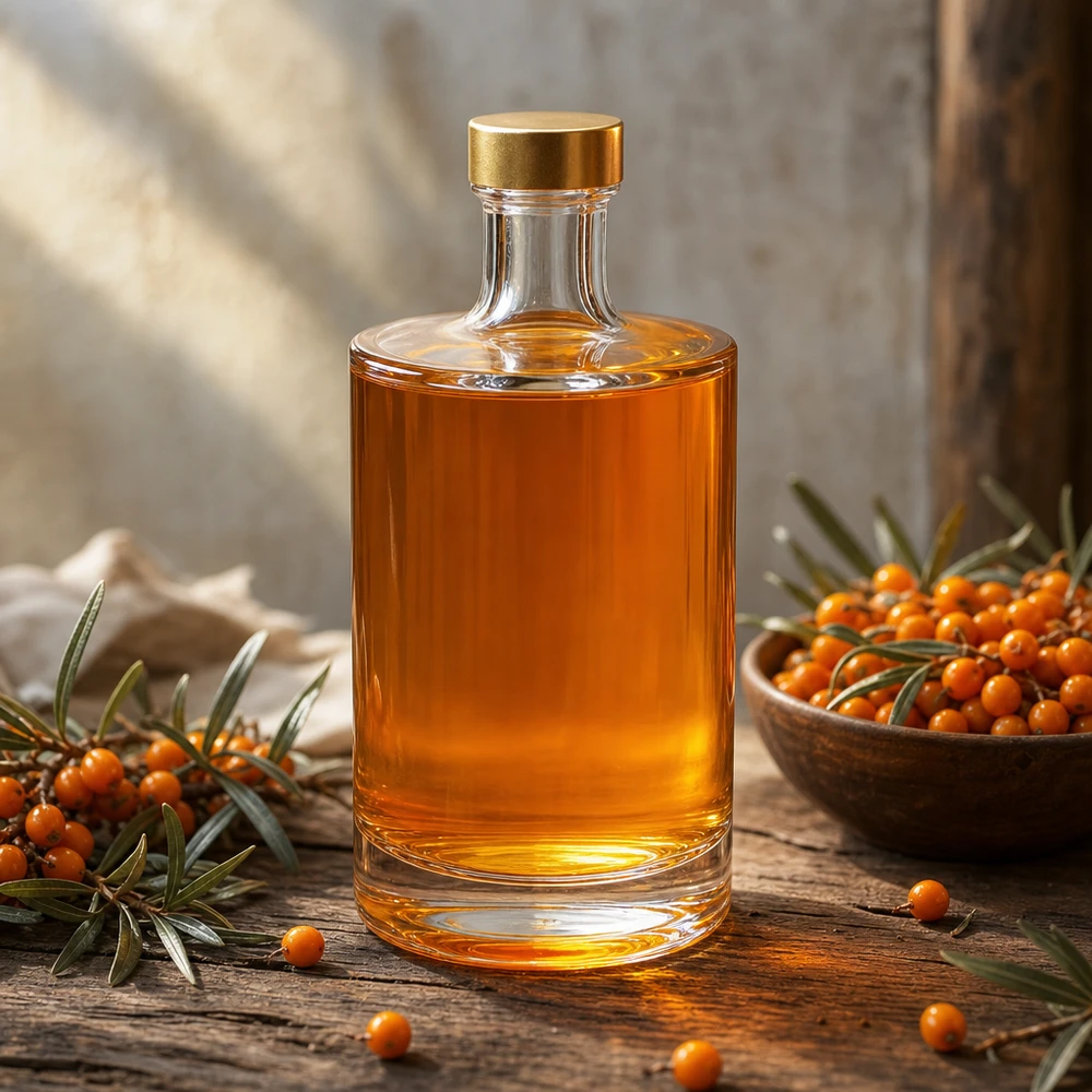 Bottiglia in vetro da 500 ml Sam + tappo a vite dorato UNiTWIST® Bottiglia in vetro da 500 ml Sam UNiTWIST tappo d'oro con olio di olivello spinoso tavolo in legno bacche di olivello spinoso decorazione naturale