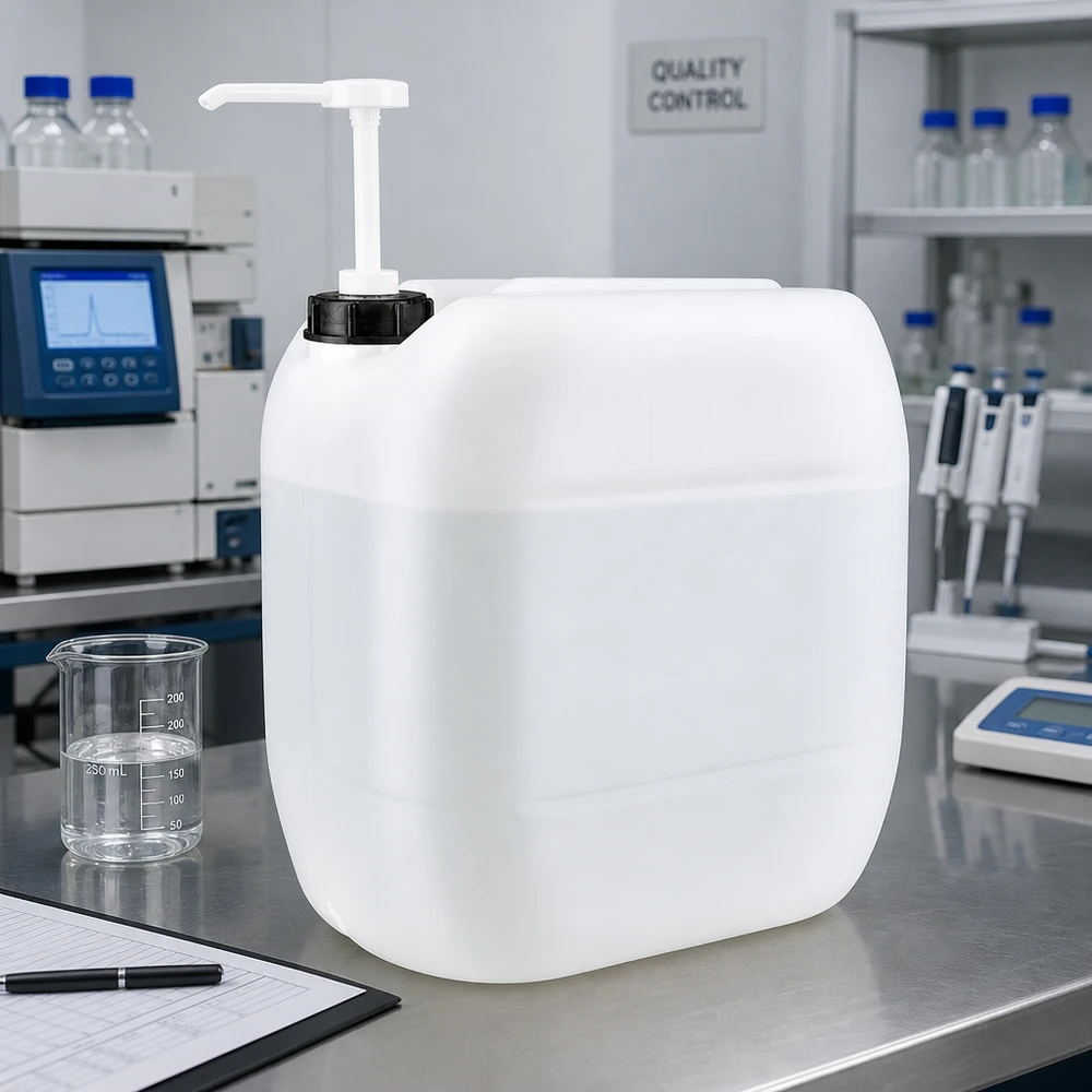 Tanica da 30 litri con pompa dosatrice Tanica da 30 litri con pompa dosatrice accanto a un becher da 250 ml nel laboratorio di controllo qualità