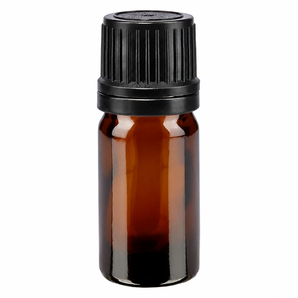 Flacone in vetro marrone da 5 ml con tappo OV nero da 8 mm, qualità farmaceutica