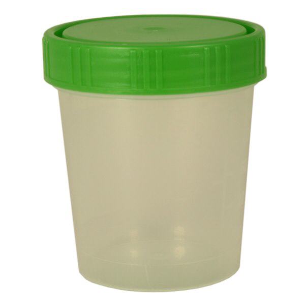 Bicchiere per urina di colore naturale da 125 ml con coperchio a vite verde