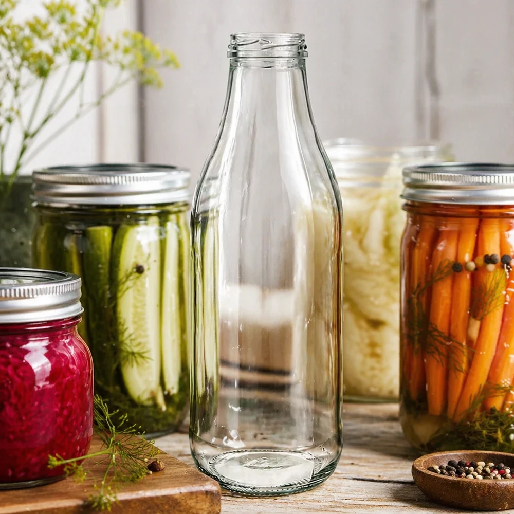 Bottiglia di vetro da 1000ml senza coperchio (TO48) UNiTWIST Bottiglia in vetro da 1000 ml TO48 UNiTWIST senza coperchio tra i barattoli per conserve con verdure sottaceto Scenario cucina Conservazione