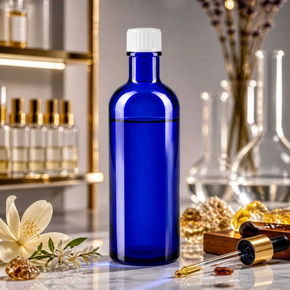 Bottiglia per farmacia blu 200ml tappo a vite bianco pc Flacone da farmacia da 200 ml di colore blu cobalto con tappo a vite bianco per applicazioni di laboratorio