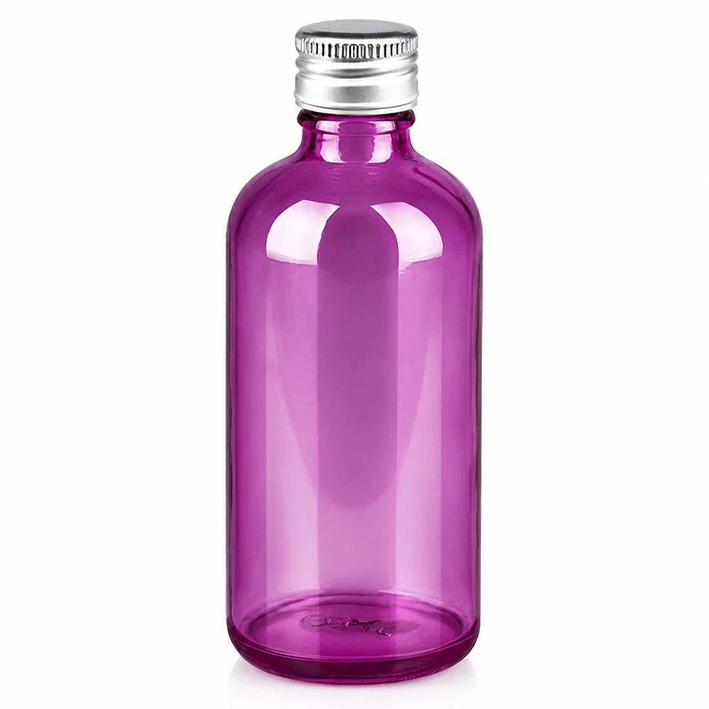 Bottiglia da 100 ml. Tappo a vite da 11 mm alluminio-argento standard PurpleLine. UT18/100 Flacone compatto da 100 ml di colore viola per sieri profumati e prodotti cosmetici liquidi