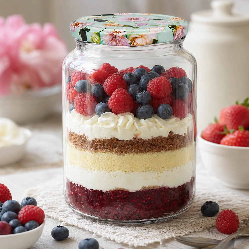 795ml vaso rotondo + coperchio BasicSeal flower mint UNiTWIST Bicchiere rotondo da 795 ml con coperchio a fiore di menta come bicchiere da dessert per dessert a strati con bacche e panna