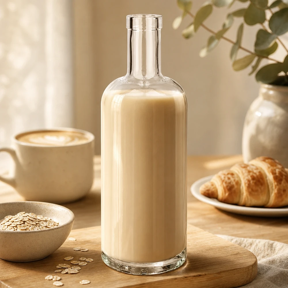 Bottiglia in vetro da 750 ml Emma senza tappo UNiTWIST® Bottiglia di vetro da 750 ml di Emma riempita di latte d'avena beige accanto a tazza di caffè, cornetto e farina d'avena su tavolo di legno