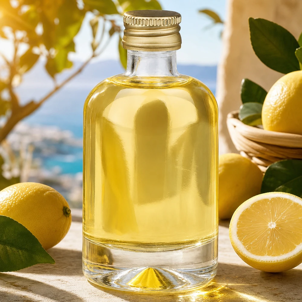 Bottiglia in vetro da 40 ml Sara con tappo a vite dorato UNiTWIST® Bottiglia di vetro da 40 ml Sara riempita di contenuto giallo tra i limoni - foto prodotto con ambientazione mediterranea