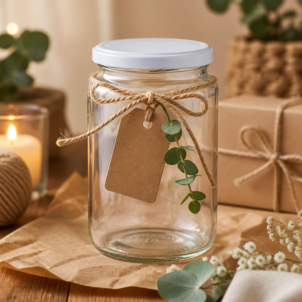 Barattolo rotondo da 795 ml con coperchio BasicSeal bianco UNiTWIST 795 ml di vetro rotondo UNiTWIST decorato con nastro di rafia, cartellino regalo e ramo di eucalipto come idea decorativa
