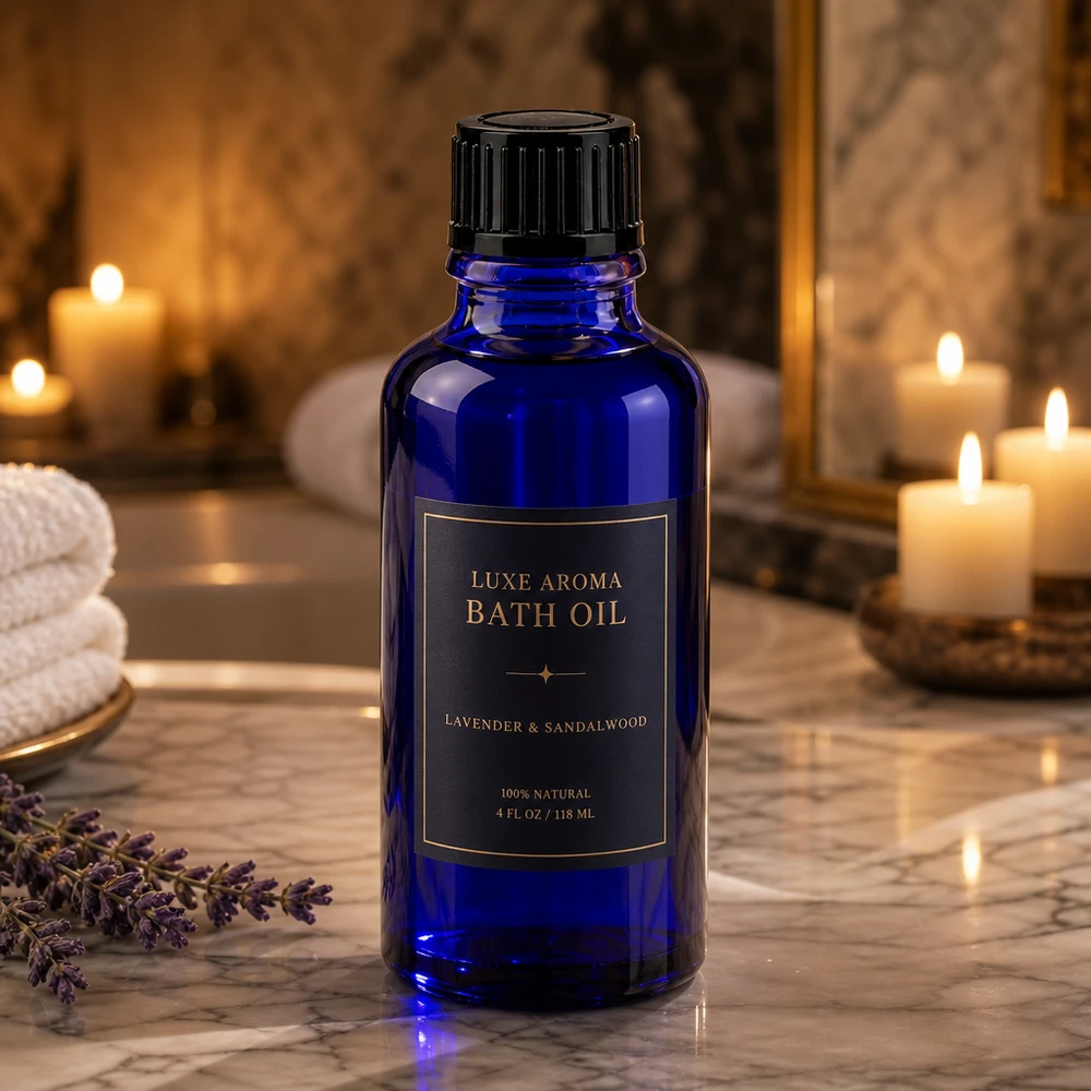 Bottiglia da farmacia blu da 30ml. SV STD nero/11mm ApoGlas Piccola boccetta di vetro blu da 30 ml con tappo a vite nero su marmo bianco