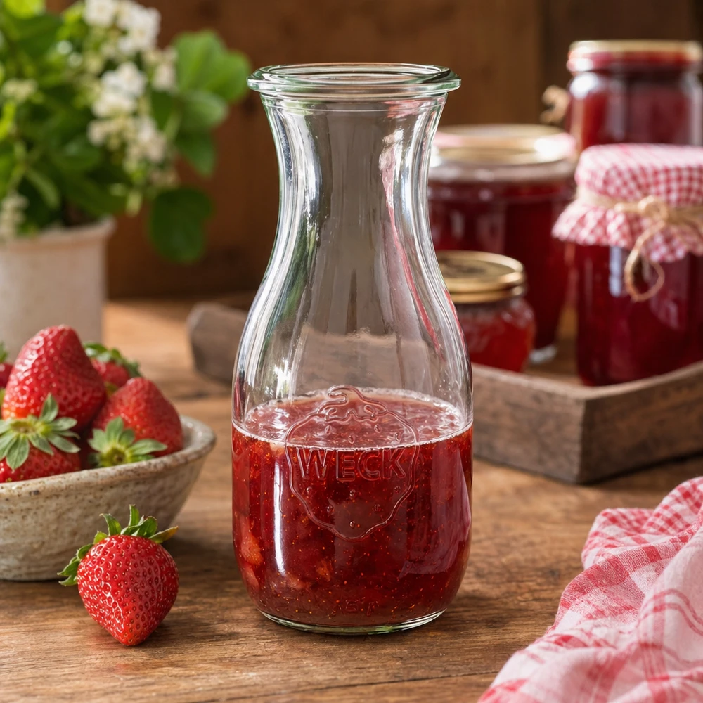 Bottiglia per succhi da 530 ml WECK RR60 Bottiglia di succo WECK 530ml RR60 riempita di succo di fragola accanto a barattoli di marmellata e asciugamano da cucina a scacchi decorato in modo rustico