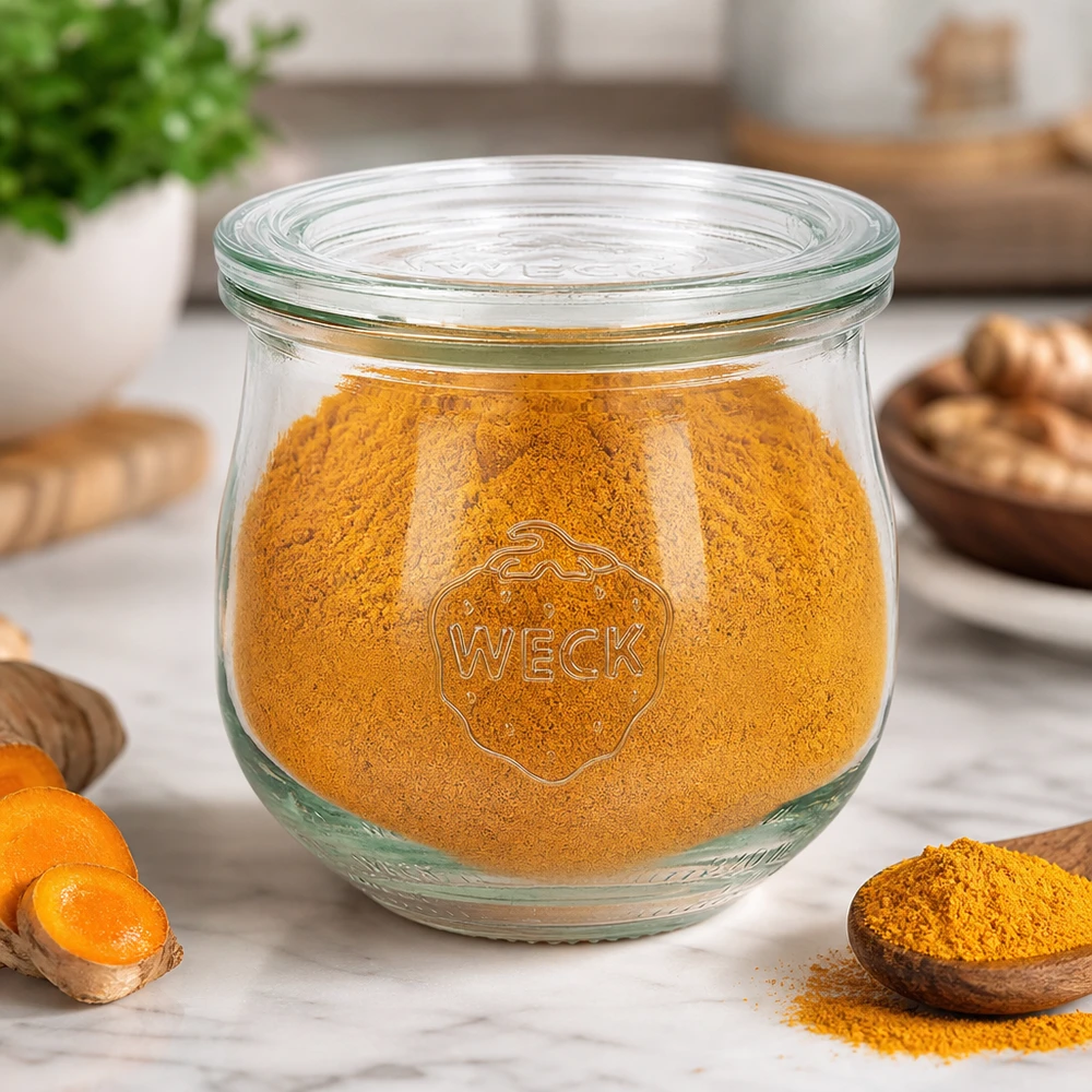 Barattolo WECK a tulipano 370ml RR80 riempito di polvere di curcuma in cucina accanto a radici di curcuma e spezie su una tavola di legno