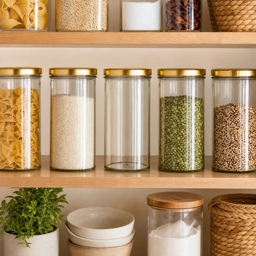 Bicchieri da 277 ml con coperchio BasicSeal oro UNiTWIST Organizzatore per dispensa con tumbler da 277 ml coperchio UNiTWIST oro per riso pasta lenticchie spezie scaffale da cucina