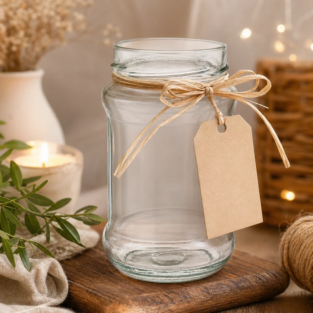 UNiTWIST Runda390 - Barattolo rotondo capacità 390ml TO66profondo Leeres Rundglas 390ml mit Deckel und Schleifenband auf Holztisch - ideal für Marmelade Honig und Geschenke von Glas-Fabr