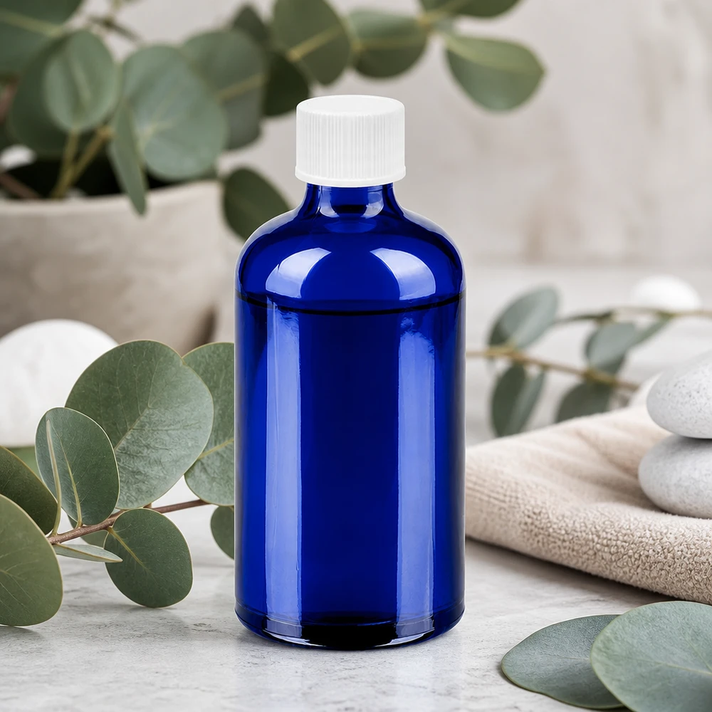 Bottiglia da 100ml 11mm SV bianco STD BlueLine UT18/100 Bottiglia in vetro soffiato a bocca 100ml blu cobalto con tappo a vite bianco a prova di bambino