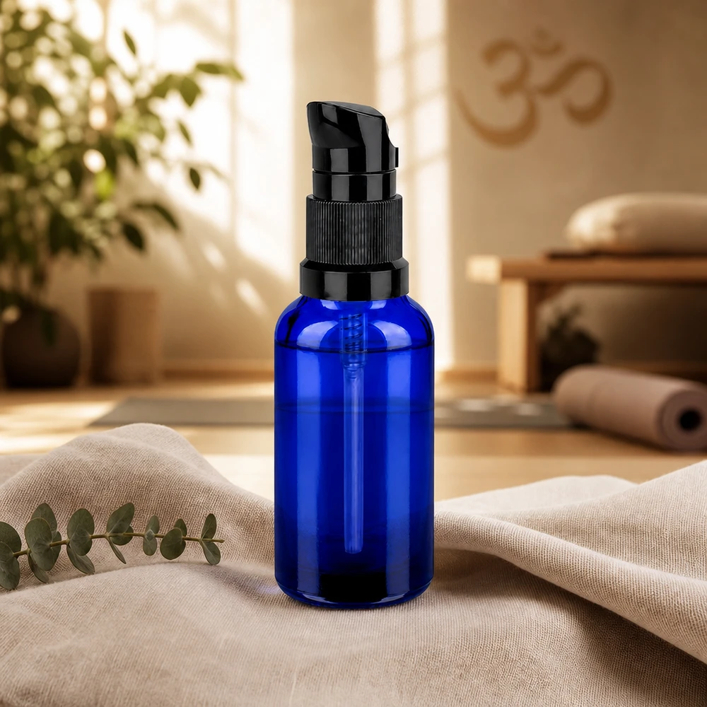 Flacone a pompa da 30 ml nero STD BlueLine UT18/30 Pratico flacone in vetro BlueLine da 30 ml con meccanismo a pompa ergonomico nero