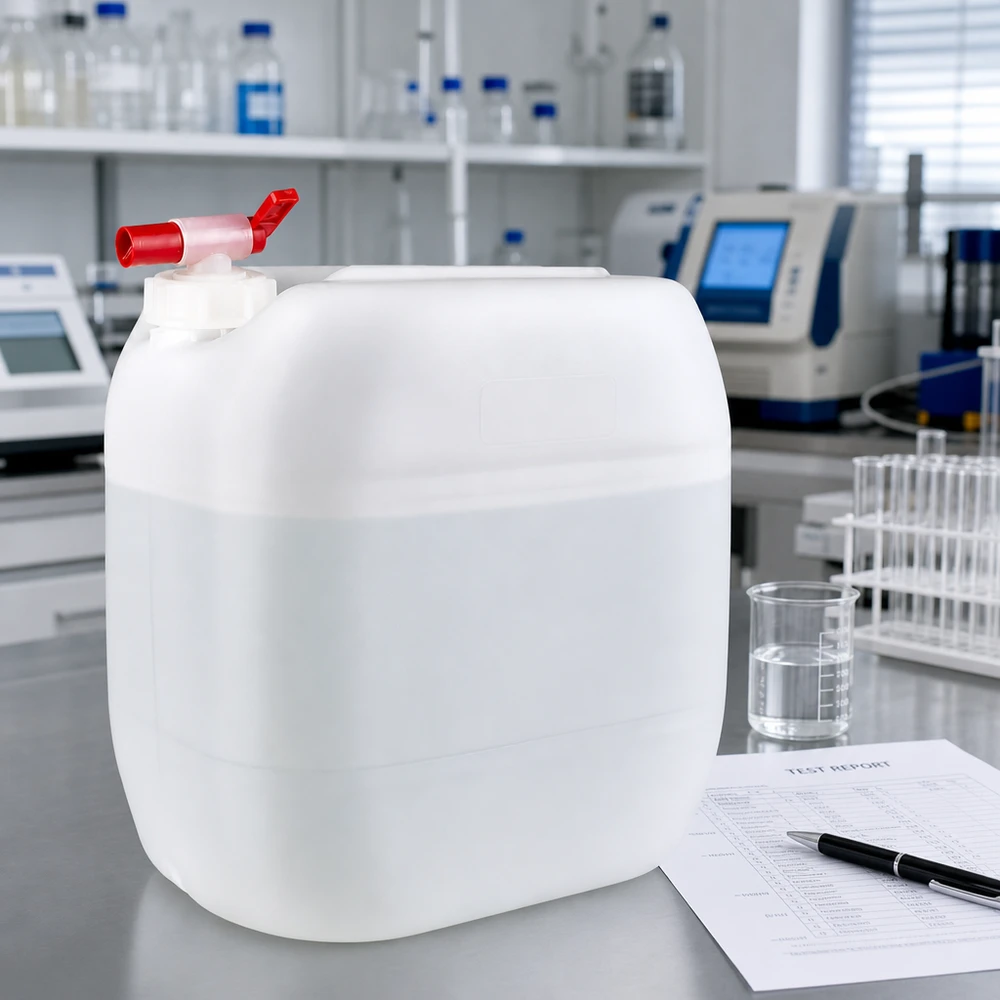 Tanica da 30 litri con rubinetto di scarico Robusto contenitore da 30 litri con rubinetto, accanto a un becher e al rapporto di prova in laboratorio