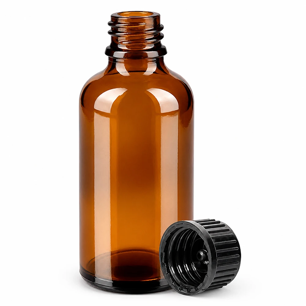 Bottiglia da 50ml 11mm SV nero STD BrownLine UT18/50 Flacone in vetro marrone da 50 ml con filettatura da 11 mm e tappo nero per aromaterapia e farmacia