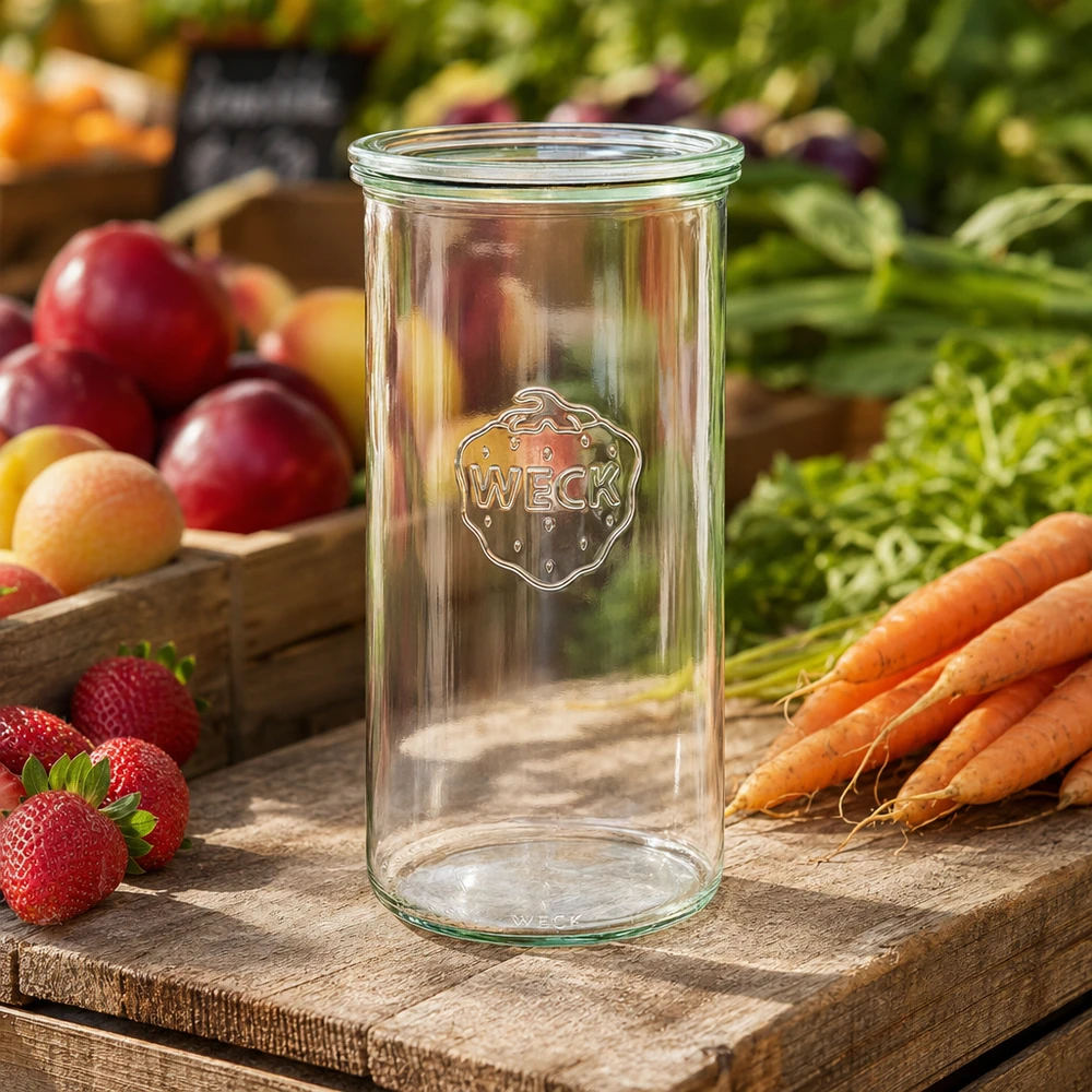 Bicchieri da 1500 ml con coperchio in vetro WECK RR100 Bicchieri WECK 1500ml RR100 su tavola di legno con frutta fresca verdure fragole carote decorazione cucina naturale