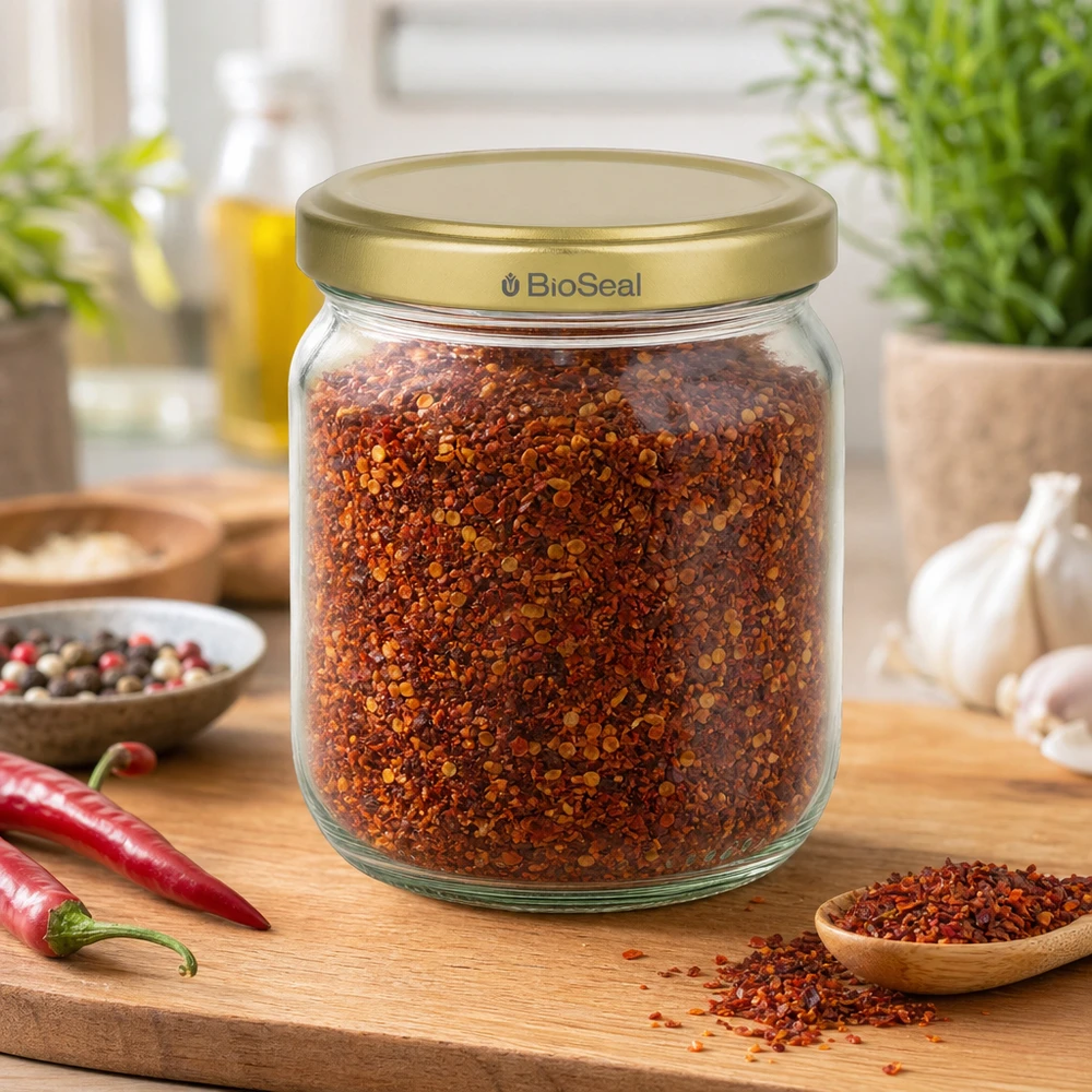 Vasetto per miele da 500 g con capsula dorata BioSeal UNiTWIST Vaso di miele BioSeal da 500 g riempito di spezie rosse su tavola di legno con peperoncino e aglio in cucina