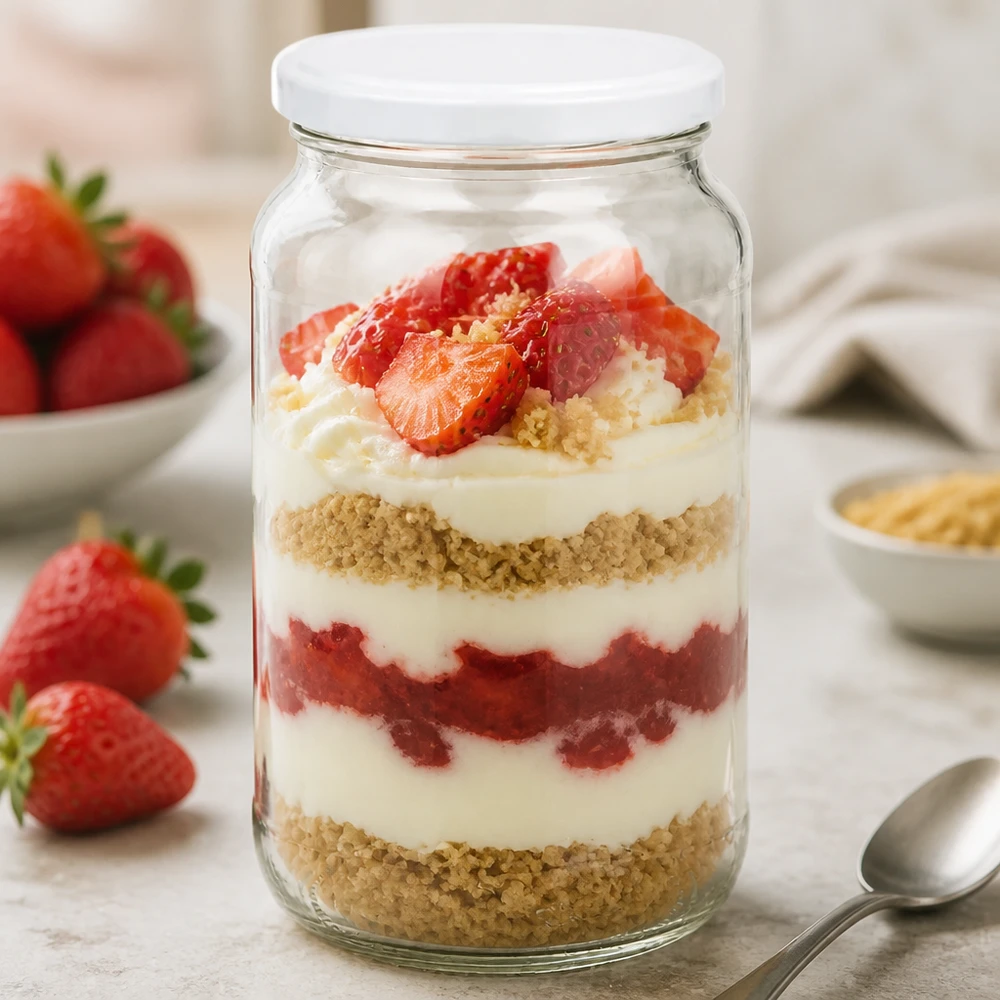Barattolo rotondo da 1062 ml con coperchio BasicSeal bianco UNiTWIST Barattolo rotondo da 1062 ml BasicSeal coperchio bianco con fragola dessert a strati dessert tiramisù barattolo di conservazione dessert