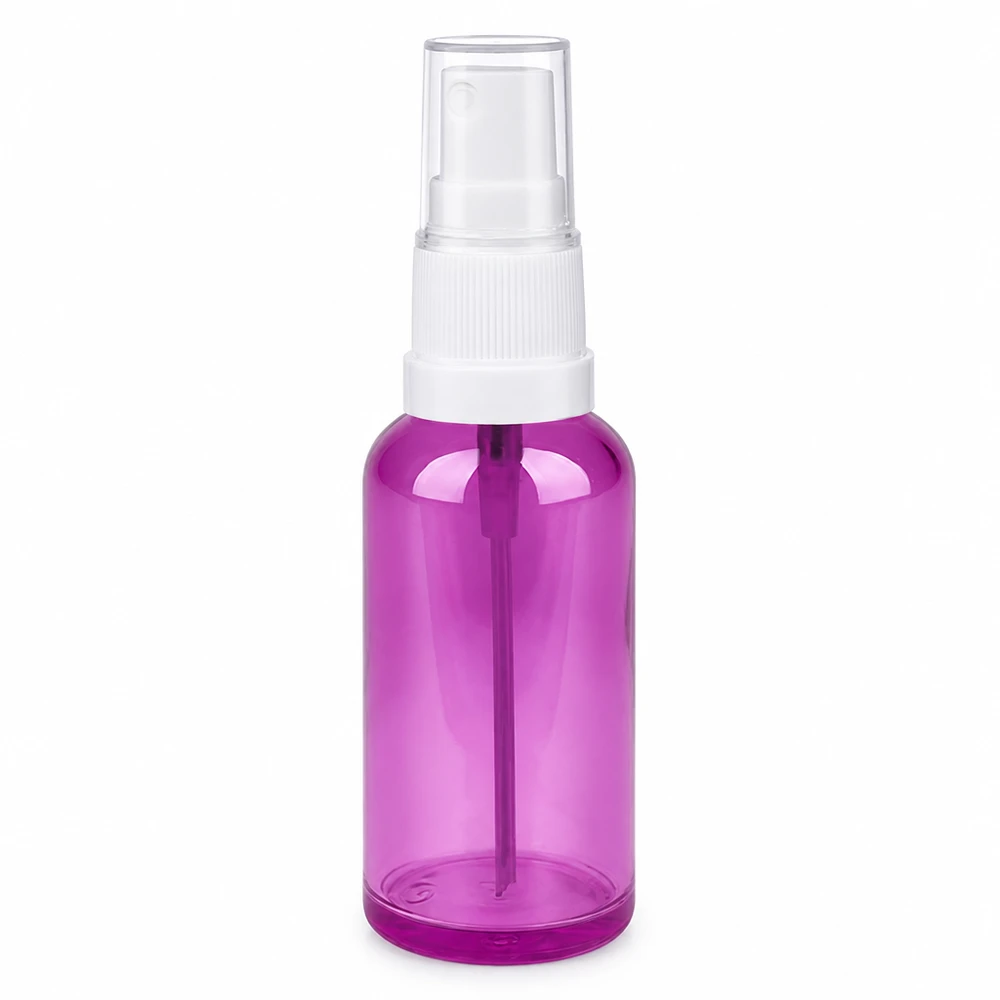 Flacone spray da 50 ml bianco/trasparente Standard PurpleLine UT18/50 Flacone spray cosmetico da 50 ml con testina bianca e corpo in plastica viola
