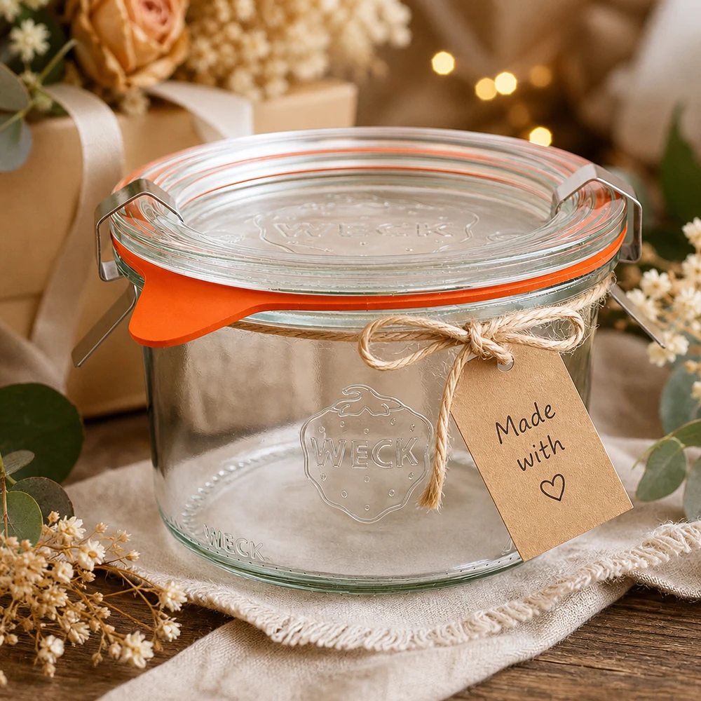 Bicchieri da 200 ml completi WECK RR80 Bicchieri WECK 200ml RR80 come idea regalo, decorati con una targhetta in carta kraft Made with Love e fiori secchi.