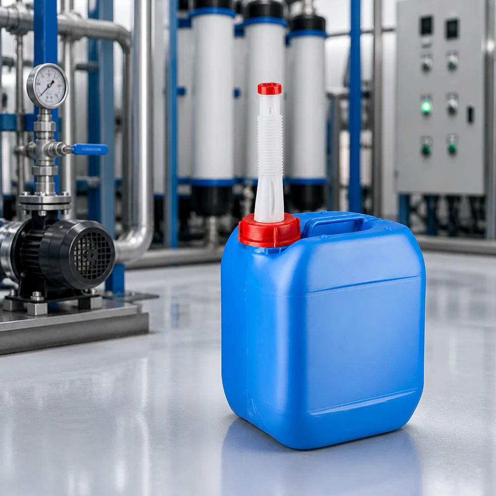 Tanica portatile da 5 litri di colore blu con tubo di scarico flessibile davanti a un impianto industriale di trattamento delle acque