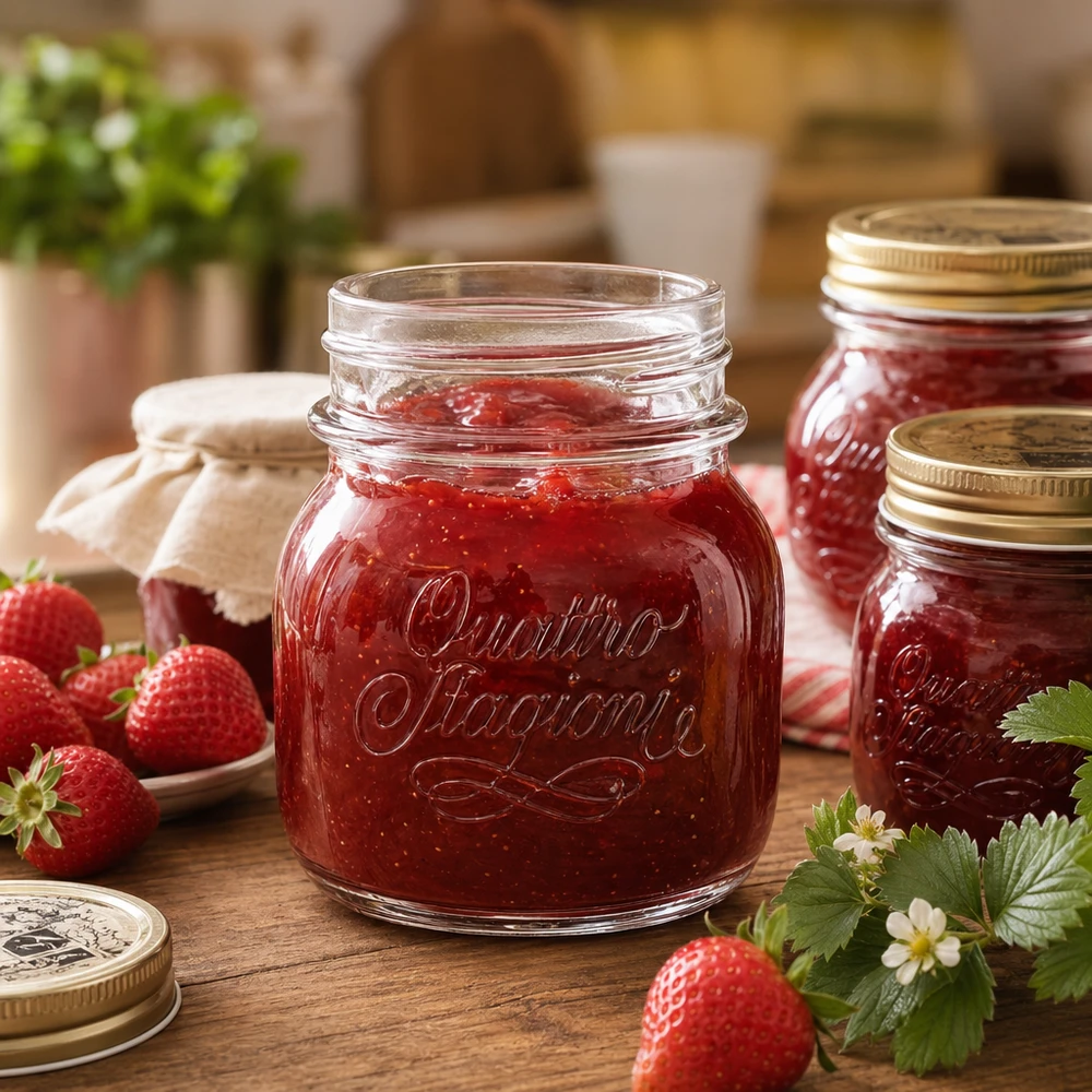 Barattolo casalingo Quattro Stagioni da 150 ml pieno di marmellata di fragole accanto a fragole fresche su un tavolo di legno