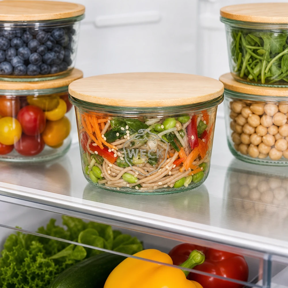 WECK tumbler 80ml RR60 con coperchio in bambù Frigorifero Organizzazione per la conservazione dei pasti Mantenere fresche verdure e pasta