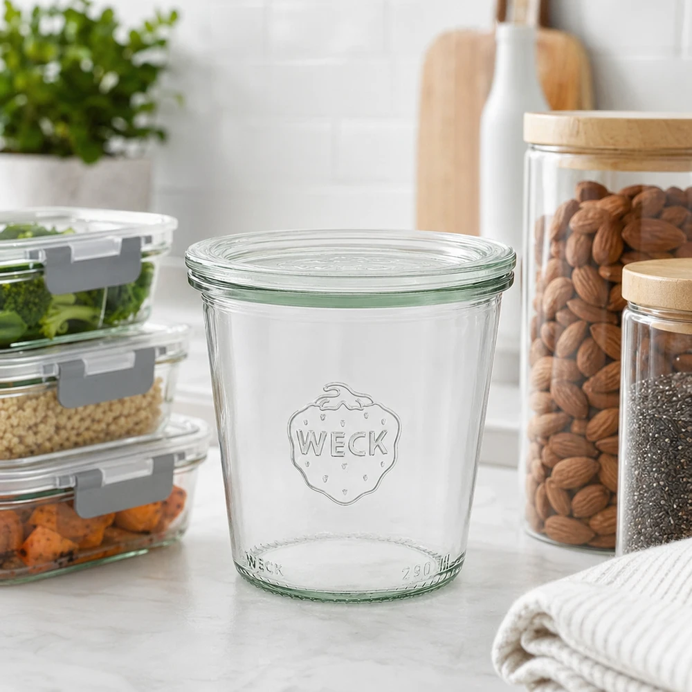 Bicchieri alti da 290 ml con coperchio in vetro WECK RR80 Bicchieri WECK da 290 ml RR80 in cucina moderna con barattoli per frutta secca e alimenti