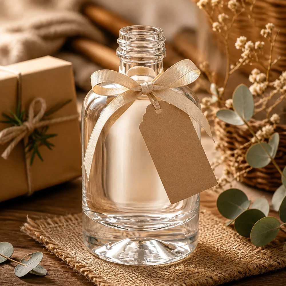 Bottiglia in vetro da 40 ml Sara senza tappo a vite UNiTWIST® Bottiglia in vetro da 40 ml Sara decorata con fiocco e etichetta regalo senza tappo per i regali