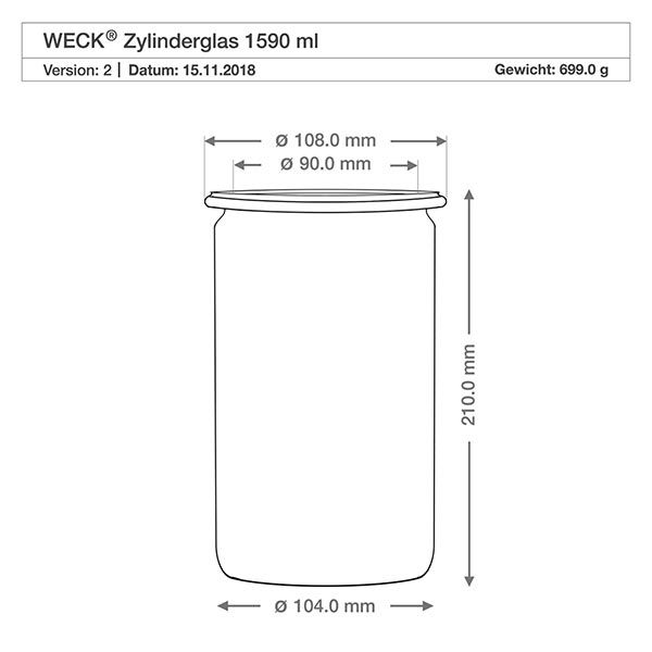 Barattolo cilindrico in vetro WECK RR100 da 1590 ml Disegno tecnico del vaso cilindrico WECK 1590ml RR100 con misure e dimensioni per la chiusura a sfera in legno