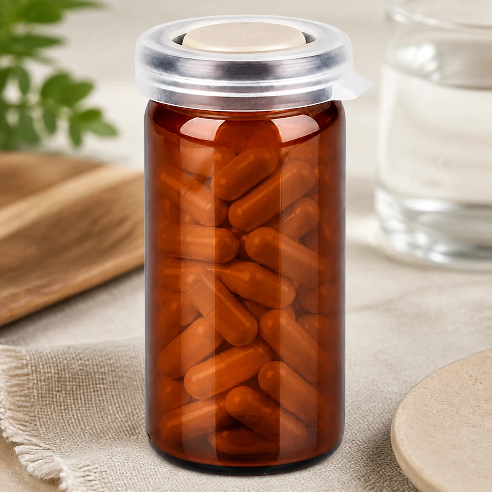 Barattolo da tavolo/rotolo 10ml marrone con coperchio a scatto Vialla da farmacia da 10 ml in vetro ambrato con tappo a scatto, contenente capsule marroni
