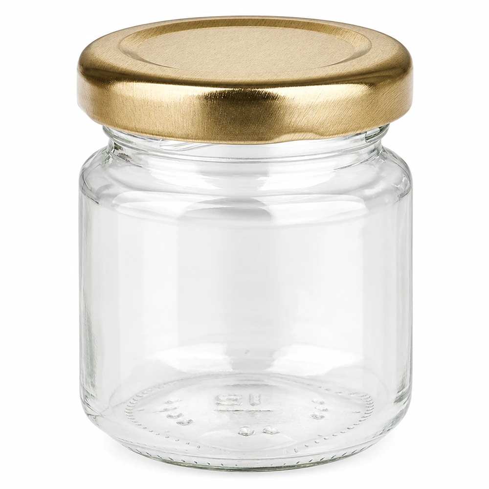 Barattolo rotondo da 53 ml con coperchio BasicSeal oro UNiTWIST Barattolo rotondo da 53 ml con coperchio dorato BasicSeal UNiTWIST - barattolo vuoto per marmellata in vetro trasparente