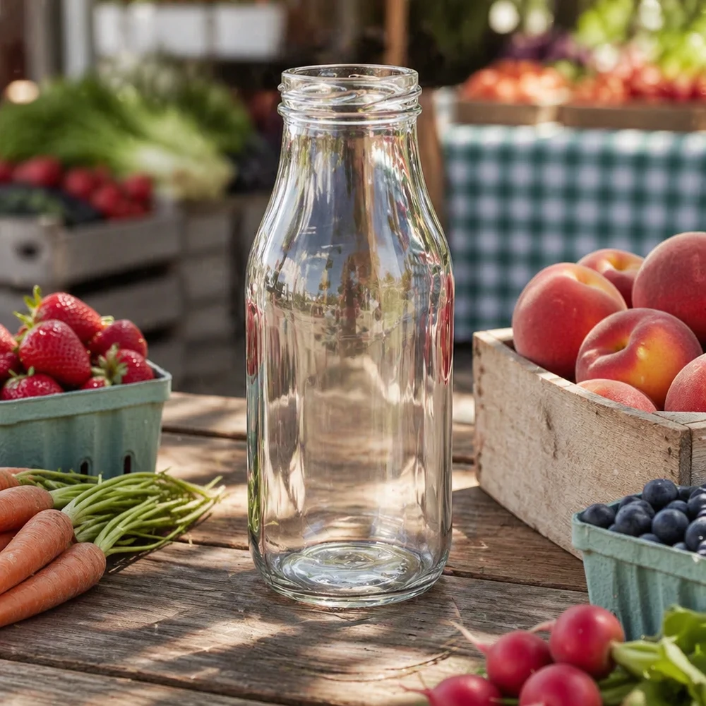 UNiTWIST Bottle263 - Capacità bottiglia 263ml TO43 Leere Glasflasche 263ml auf Holztisch mit frischem Obst und Gemüse - ideal für Säfte Smoothies und Getränke