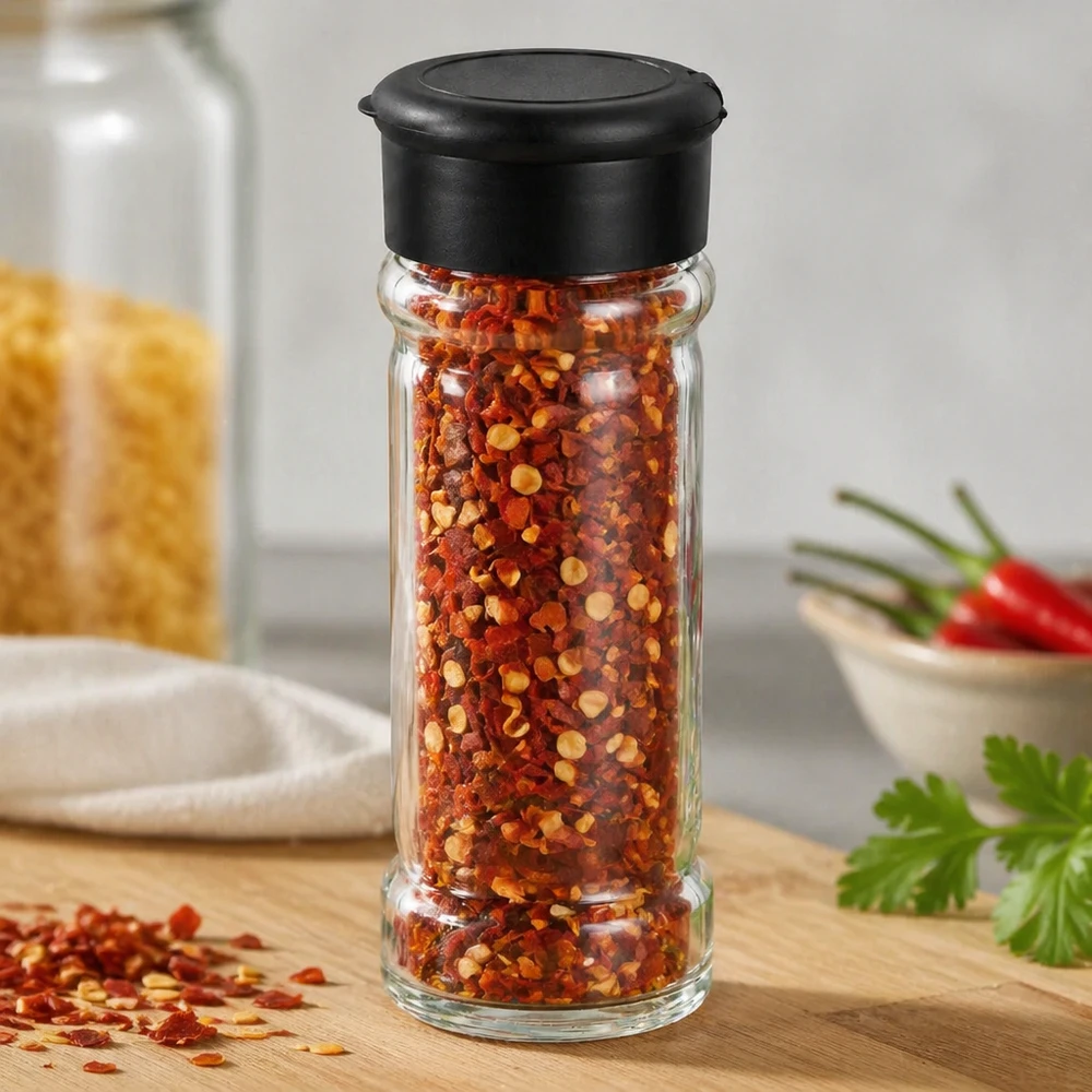 Barattolo per sale/spezie da 100 ml con dosatore, nero Barattolo di peperoncino in fiocchi da 100 ml con coperchio dosatore nero su un tagliere di legno accanto a peperoncini freschi